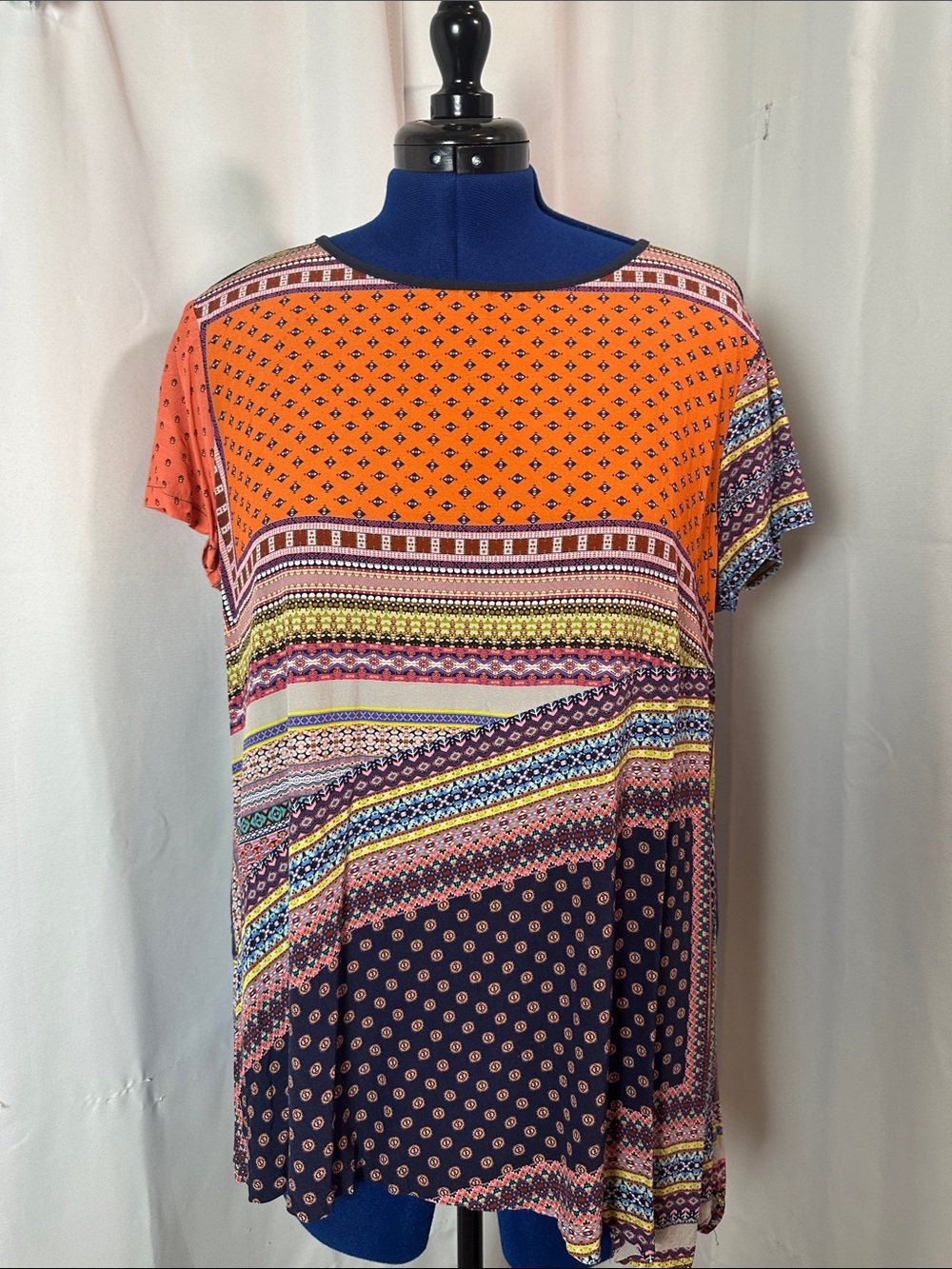 John Mark Orange and Navy Print Short Sleeve Top - Size XL